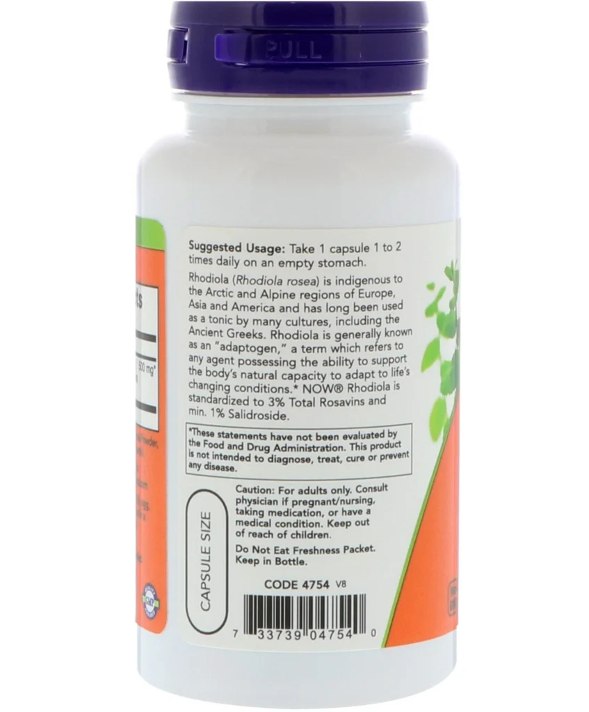 Le dos d'un flacon de Now Foods - Rhodiola, 500 mg, 60 comprimés.
