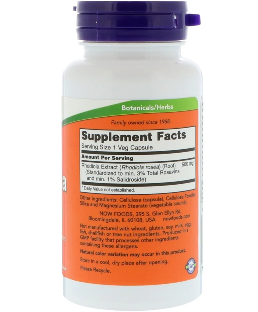 Une bouteille de Now Foods - Rhodiola, 500 mg, supplément de 60 comprimés sur fond blanc.