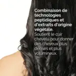 Cheveux longs et brillants avec un texte présentant les technologies peptidiques et extraits végétaux du sérum capillaire The Ordinary.
