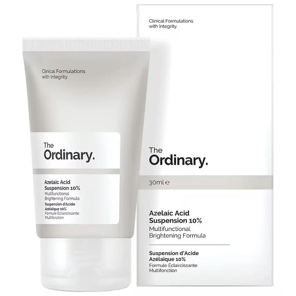 Un tube et une boîte de The Ordinary - Azelaic Acid Suspension 10% - 30 ml, représentés sur un fond blanc propre.