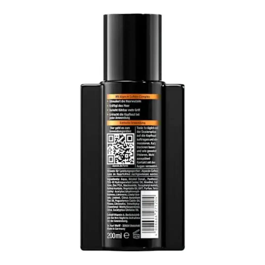 Un flacon rectangulaire noir avec un bouchon noir, montré de l'arrière avec un Alpecin Coffein Hair Booster Tonique Anti-Chute - Caféine & Niacinamide étiquette, texte, QR code, et orange surligné. Capacité : 200 ml.