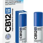 CB12 - Spray Buccal Menthe/Menthol contre la Mauvaise Haleine 15 ml, dans un emballage bleu et blanc avec texte allemand. Combat efficacement la mauvaise haleine et procure une haleine fraîche grâce à sa formule sans alcool.