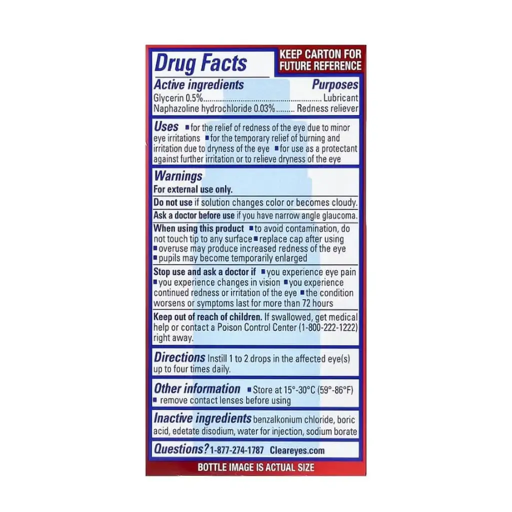 Fiche d'information sur le médicament Clear Eyes - Maximum Redness Relief Gouttes pour les Yeux - 15 ml, indiquant les ingrédients actifs, les utilisations, les mises en garde, le mode d'emploi, les instructions de conservation et les coordonnées de la personne à contacter en cas de questions.