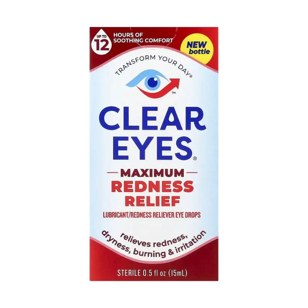 Clear Eyes - Maximum Redness Relief Gouttes pour les Yeux, 15 ml, offre un soulagement de la rougeur et jusqu'à 12 heures de confort selon les informations du produit.