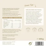 Vue arrière d'un emballage de 600 g de Nu U Nutrition Collagène Protéine Poudre en allemand, présentant les détails du produit, les informations nutritionnelles, les ingrédients, les instructions d'utilisation et les informations sur le recyclage.