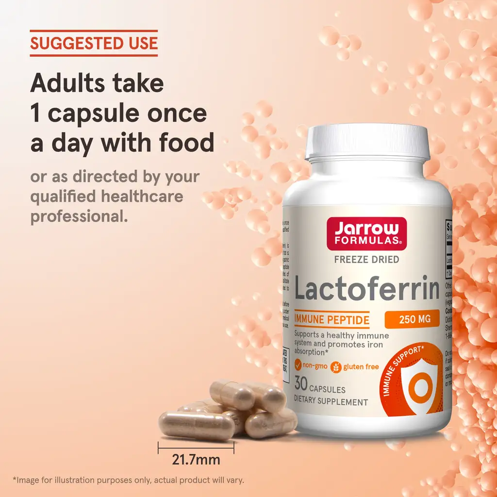 Jarrow Formulas Lactoferrine lyophilisée 250 mg, 30 gélules présentées avec les gélules à côté de la bouteille. Utilisation suggérée : prendre 1 gélule par jour avec de la nourriture ou selon les recommandations d'un professionnel de la santé.