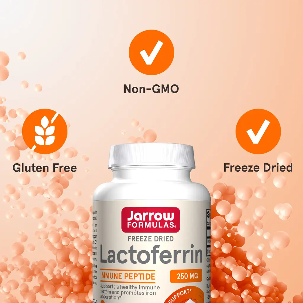 Une bouteille de Jarrow Formulas Lactoferrine lyophilisée 250 mg (30 gélules) est présentée avec des icônes et du texte soulignant son contenu sans OGM, sans gluten et lyophilisé sur un fond de bulles orange.