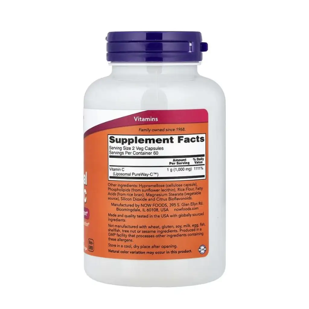 Une bouteille en plastique blanc avec un bouchon violet affiche les Supplement Facts et les ingrédients de NOW Foods - Vitamine C Liposomale PureWay-C™ (1000 mg), 120 gélules végétales, conçues pour une meilleure absorption.