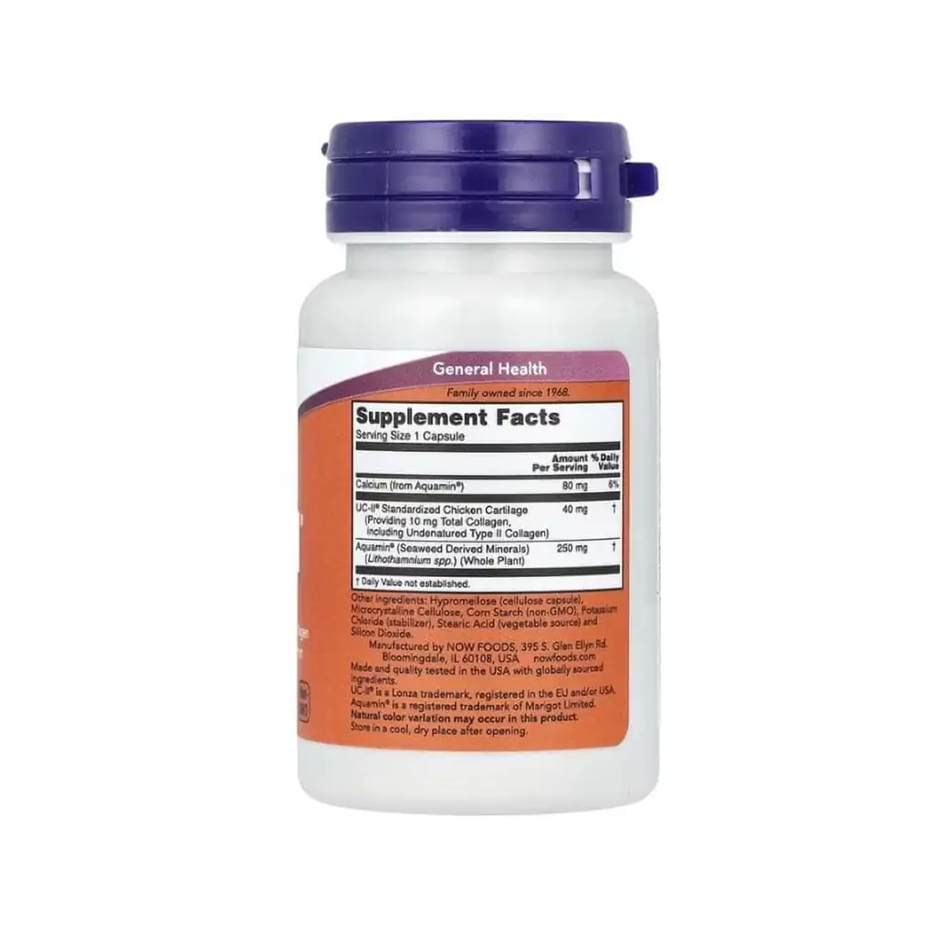 Une bouteille blanche avec un bouchon violet affiche une étiquette "Supplement Facts" détaillant les ingrédients et la nutrition de NOW Foods - UC-II Joint Health avec collagène de type II non dénaturé, 60 capsules.