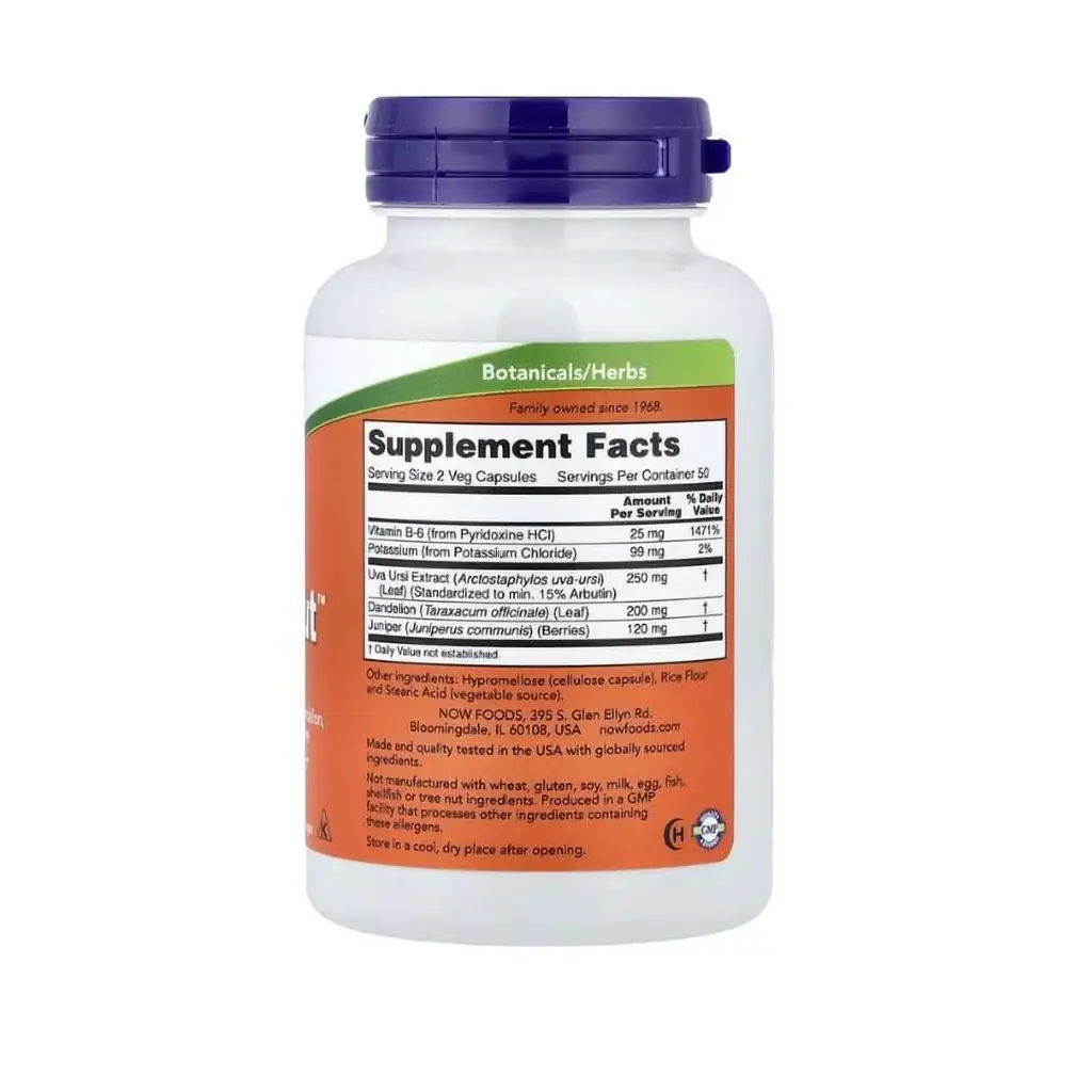 Une bouteille blanche avec un bouchon violet de NOW Foods montre une étiquette pour Water Out™ Équilibre hydrique & Urinaire, 100 capsules végétales, énumérant les faits du supplément et la posologie pour le soutien botanique de l'équilibre urinaire et des fluides.