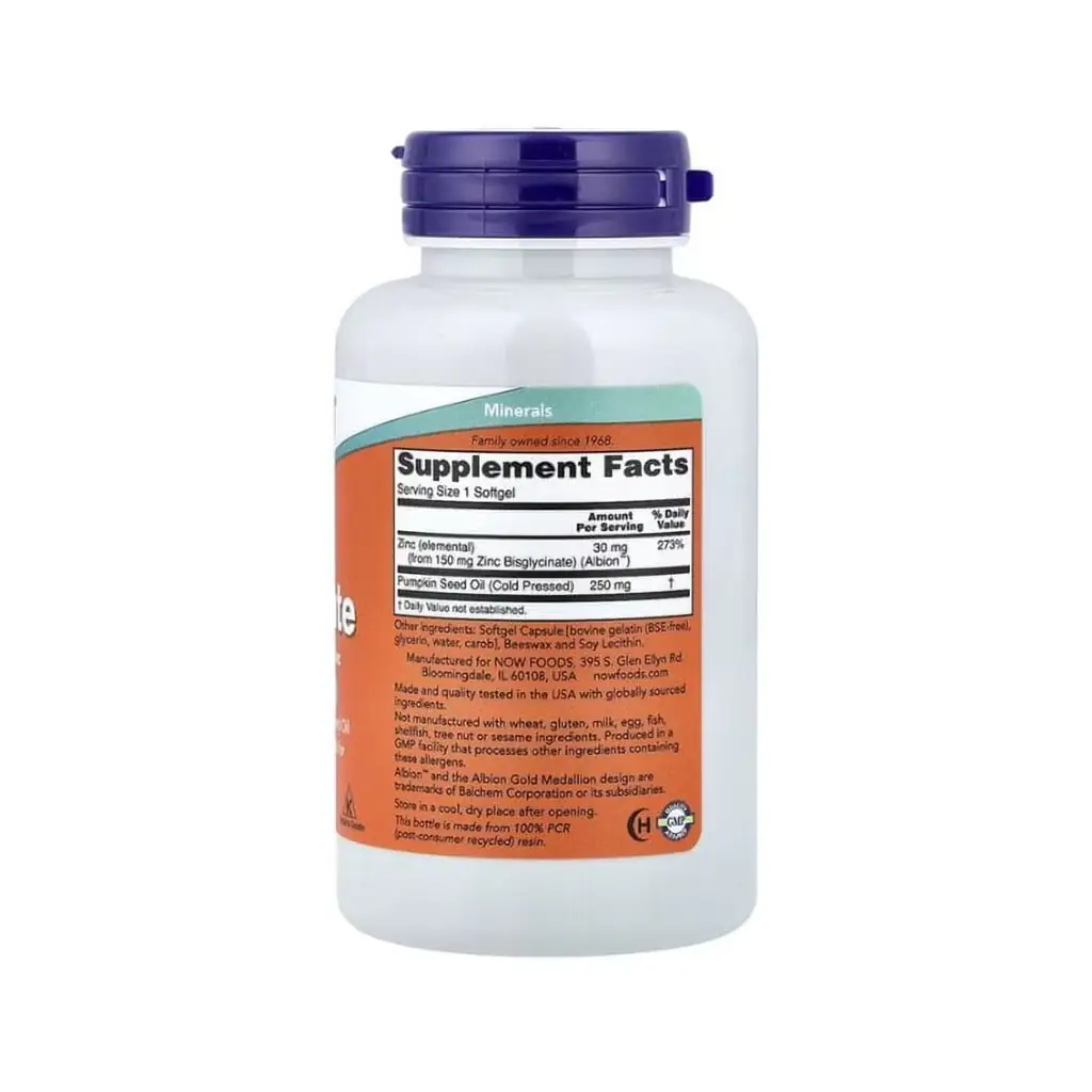 Une bouteille de plastique blanc NOW Foods Zinc Glycinate 30 mg avec un bouchon violet, montrant le Supplement Facts et les informations nutritionnelles pour 120 softgels sur un fond orange.