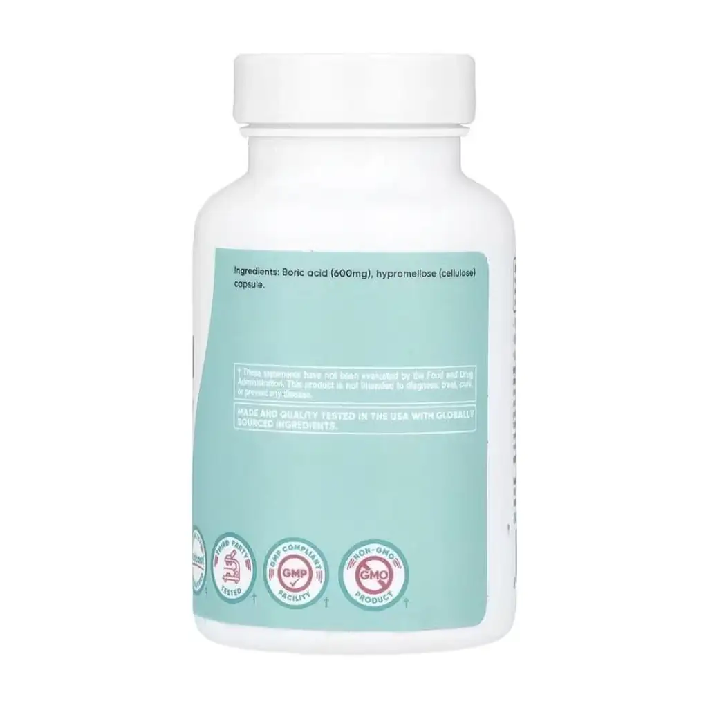 Flacon blanc avec une étiquette sarcelle indiquant les caractéristiques du complément, les logos GMP et une note indiquant que Nutricost Acide Borique Vaginal 600 mg (60 suppositoires) - Équilibre pH & Anti-Candidose n'a pas été évalué par la FDA.