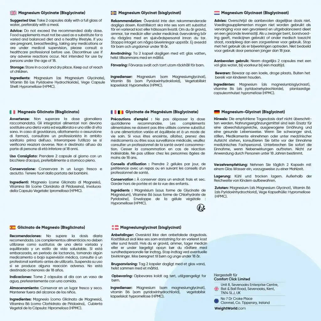 Une fiche d'information multilingue pour WeightWorld Magnesium Glycinate (Bisglycinate) + Vitamine B6 180 gélules végétales, comprenant le mode d'emploi, les ingrédients, la conservation et les conseils dans différentes langues pour une utilisation claire.