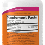 Étiquette des ingrédients et informations nutritionnelles — NOW Foods TMG Bétaïne 1 000 mg – 100 comprimés